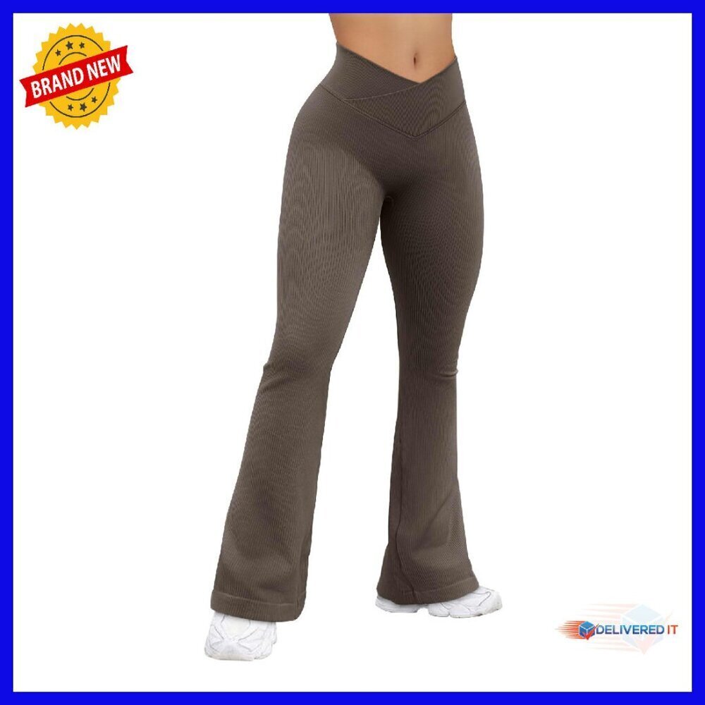 High Waist Flared Pants Ribbed Cross Over Lounge Travel Bell Bottoms